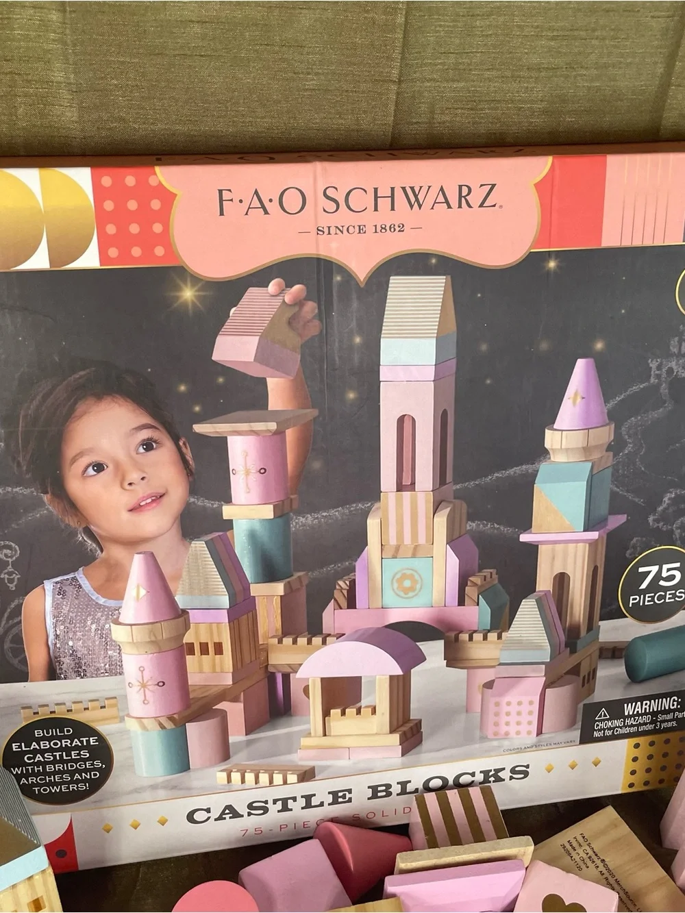 FAO Schwarz Princess Castle Wooden Buildng Blocks Pastel Colors - Used 68 Pieces